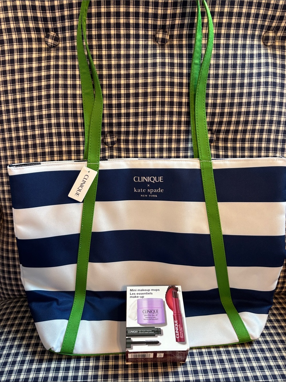 Clinique and Kate Spade Navy and White Stripe Tote with Green Handles